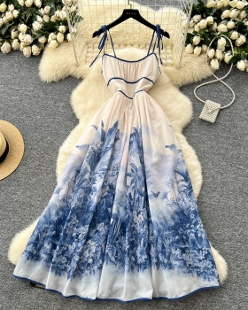 Printing unique long dress blue and white porcelain dress
