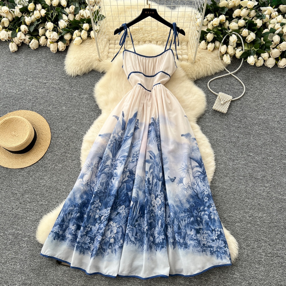 Printing unique long dress blue and white porcelain dress
