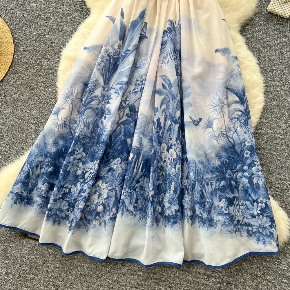 Printing unique long dress blue and white porcelain dress
