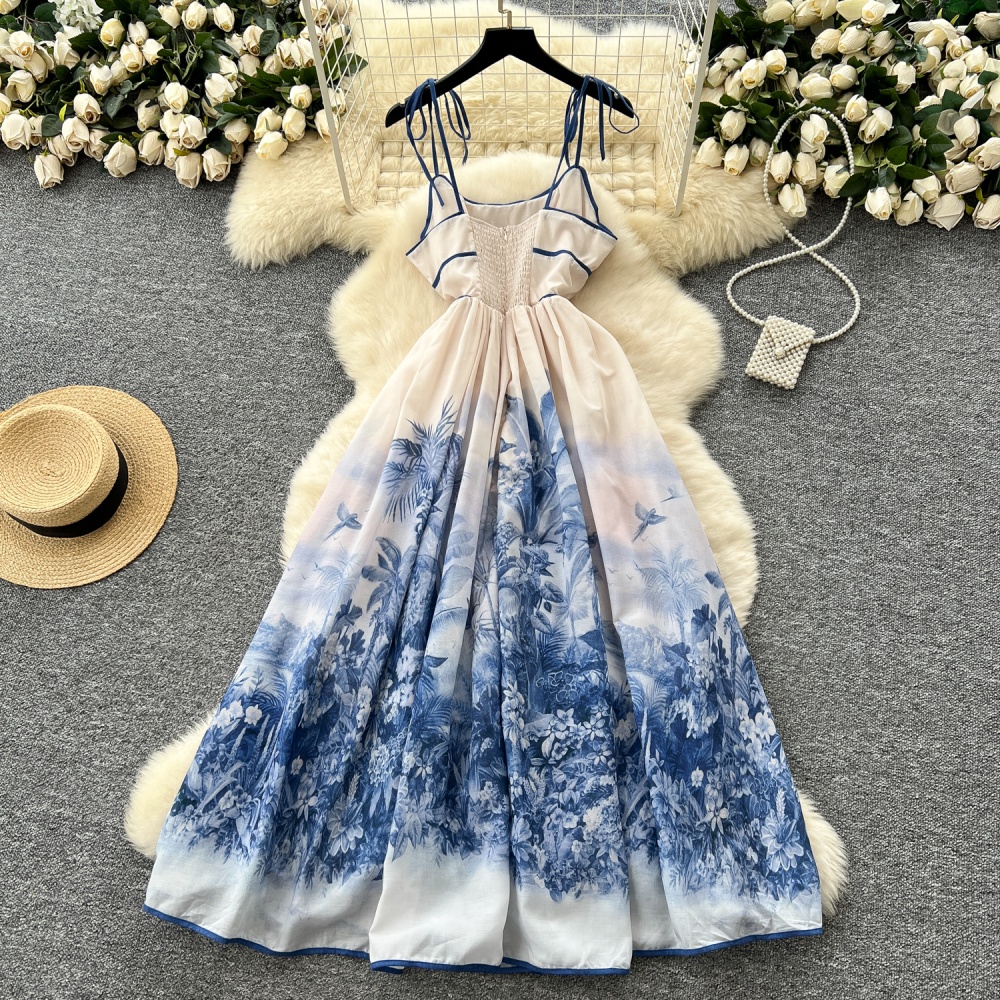 Printing unique long dress blue and white porcelain dress