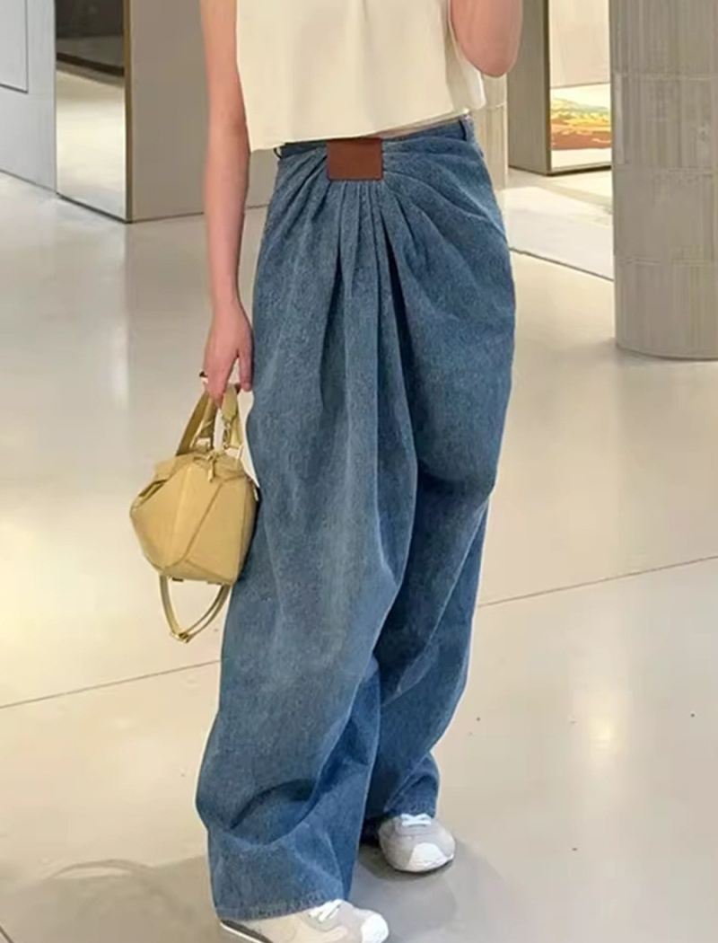 Blue fashion fold long pants splice summer jeans for women