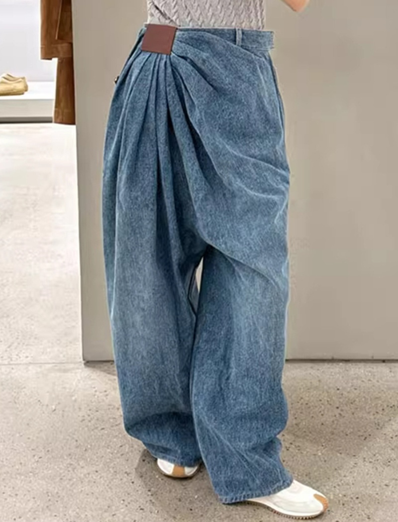 Blue fashion fold long pants splice summer jeans for women