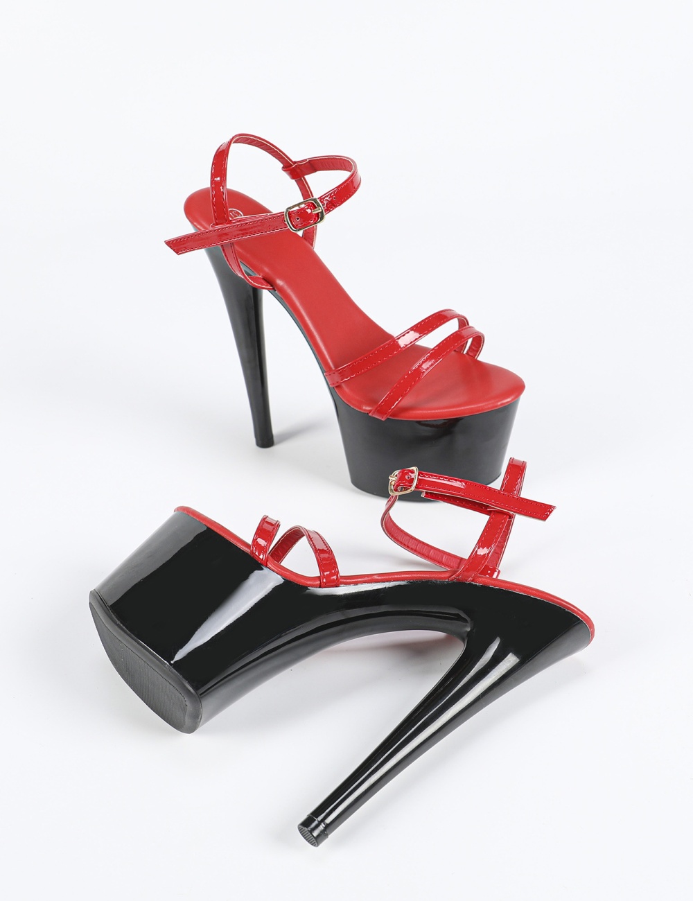 Black patent leather sandals very high high-heeled shoes for women