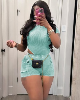 Washed Casual leotard European style shorts a set for women