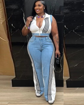 European style loose Casual denim ribbon wide leg pants a set