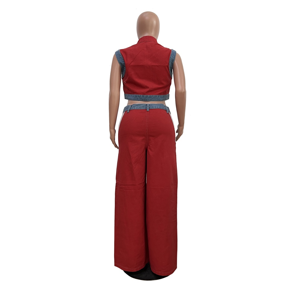 European style loose Casual denim ribbon wide leg pants a set