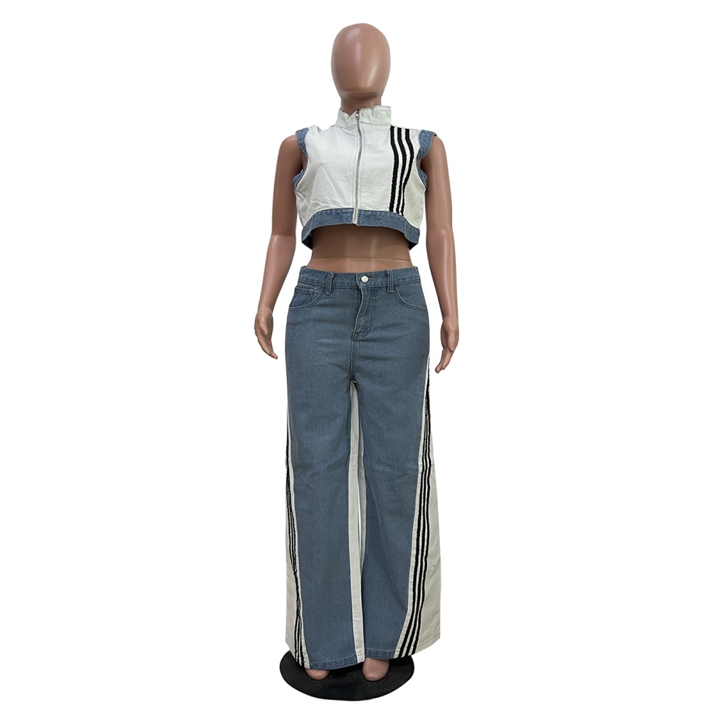 European style loose Casual denim ribbon wide leg pants a set