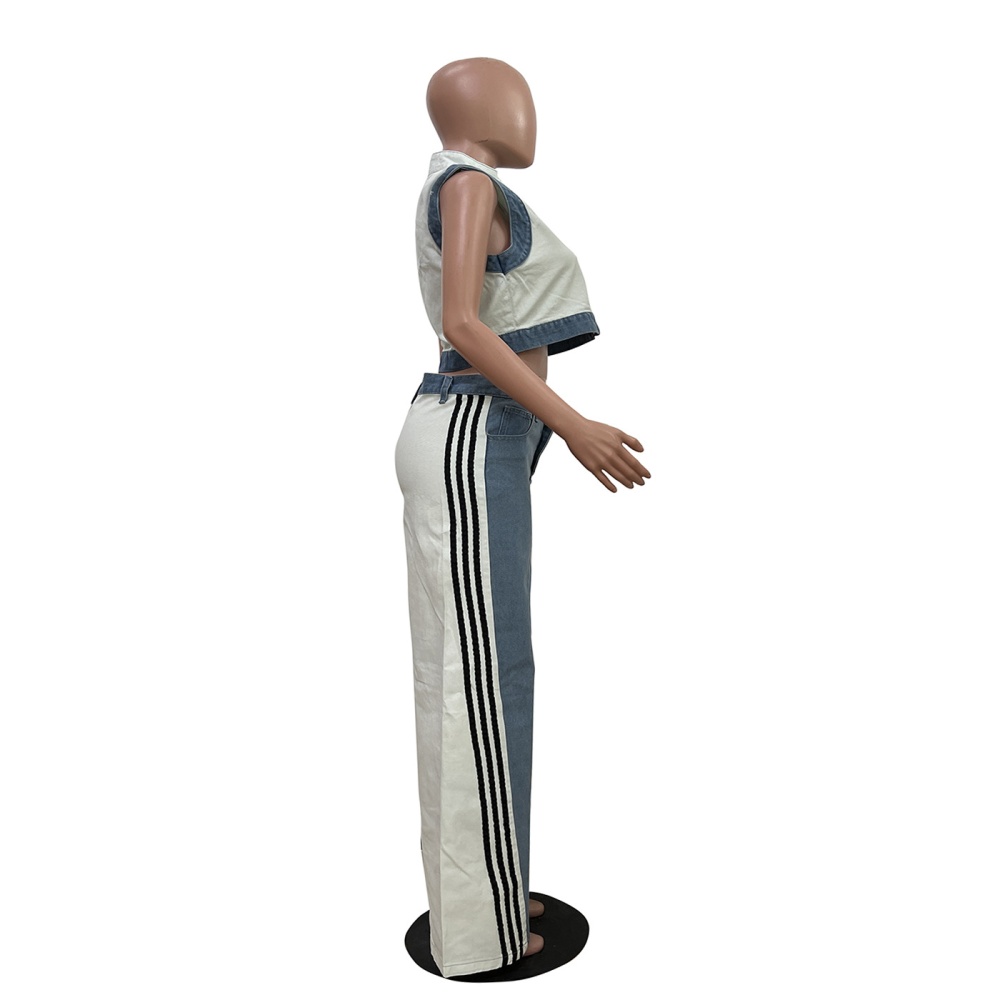 European style loose Casual denim ribbon wide leg pants a set