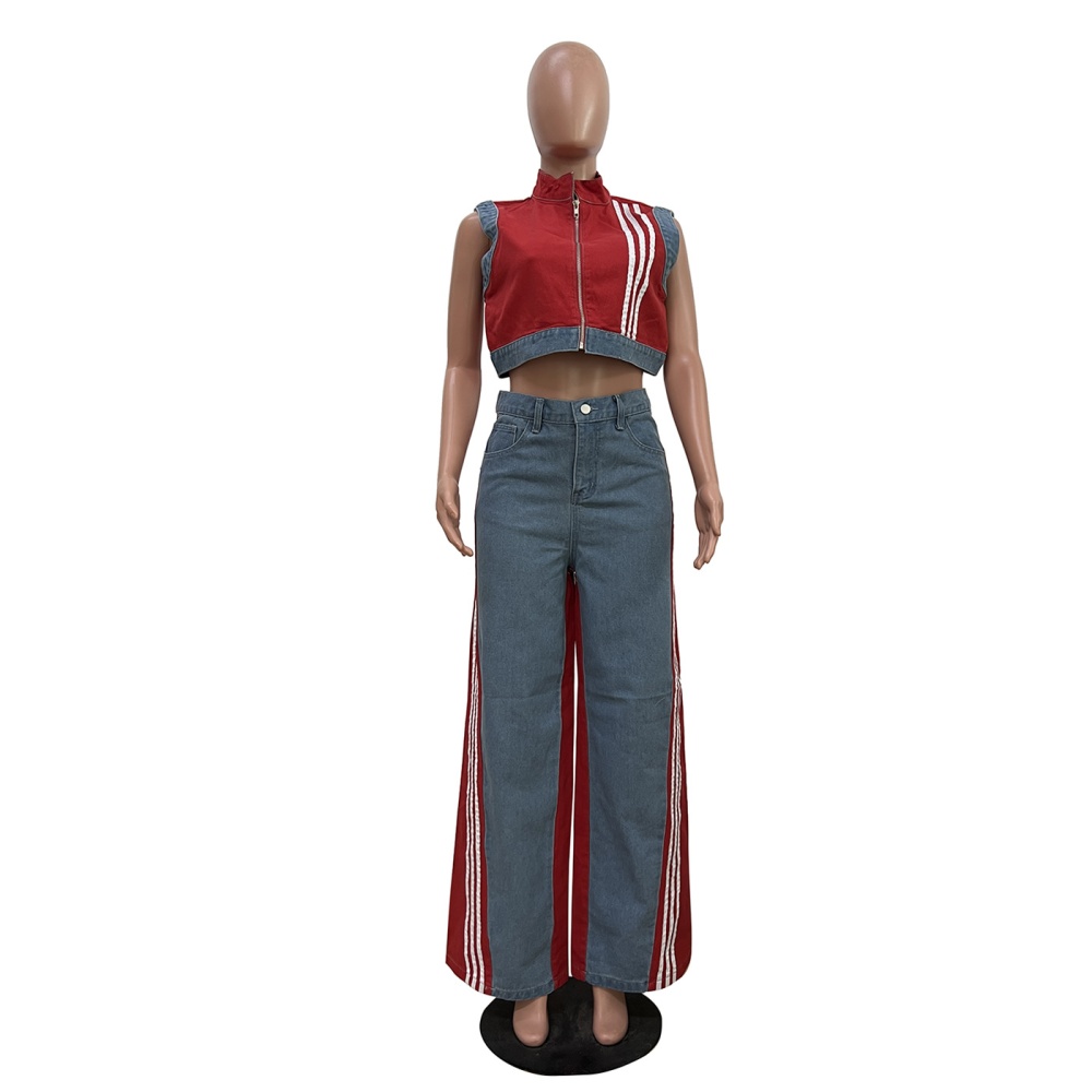 European style loose Casual denim ribbon wide leg pants a set