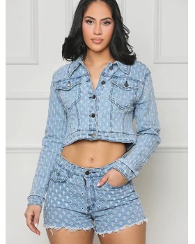 Casual holes European style short jeans a set for women