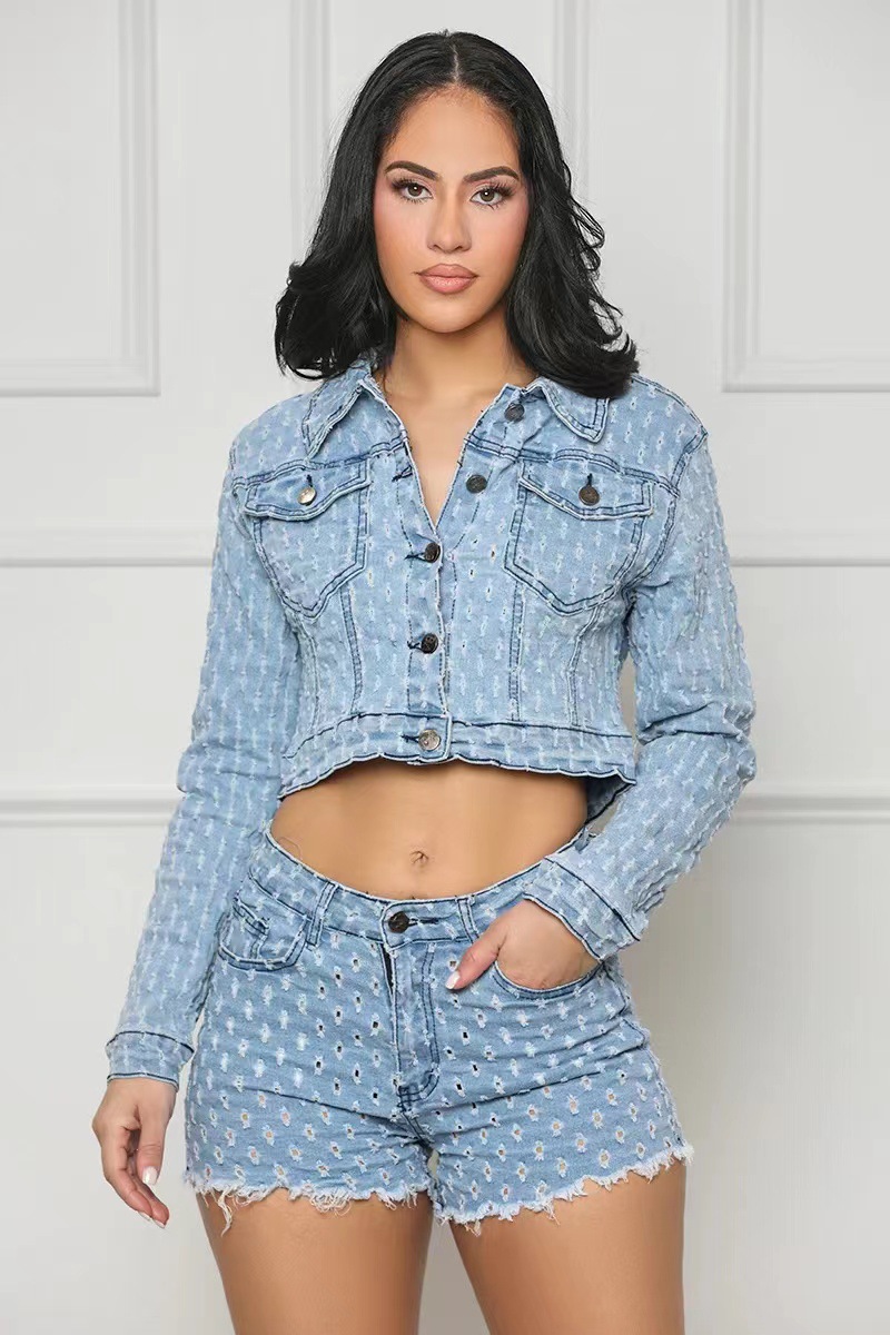 Casual holes European style short jeans a set for women