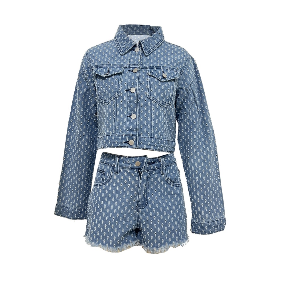 Casual holes European style short jeans a set for women