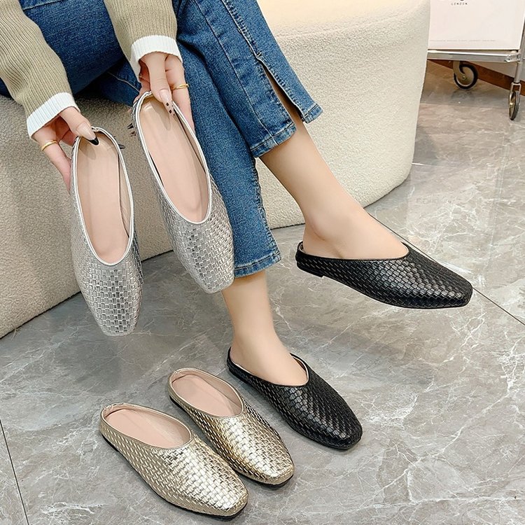 Flat France style lazy shoes lady square head slippers
