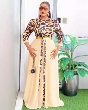 Skirt hem leopard pinched waist splice commuting elegant dress