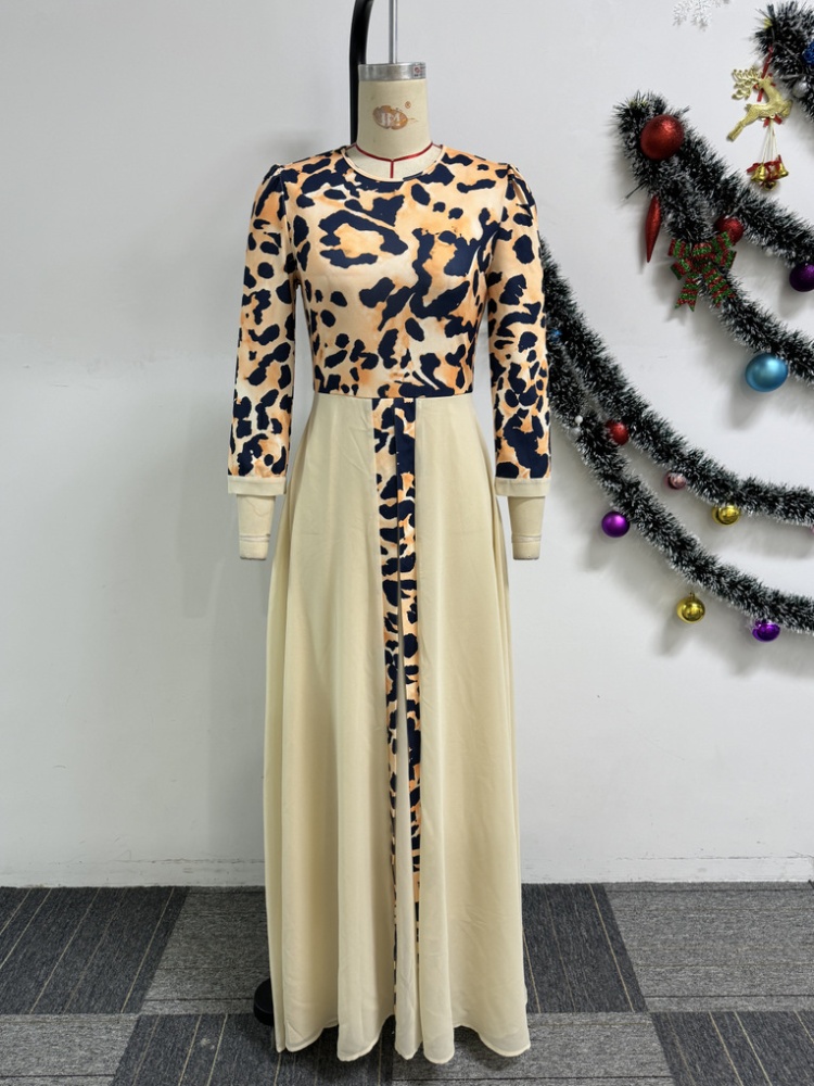 Skirt hem leopard pinched waist splice commuting elegant dress