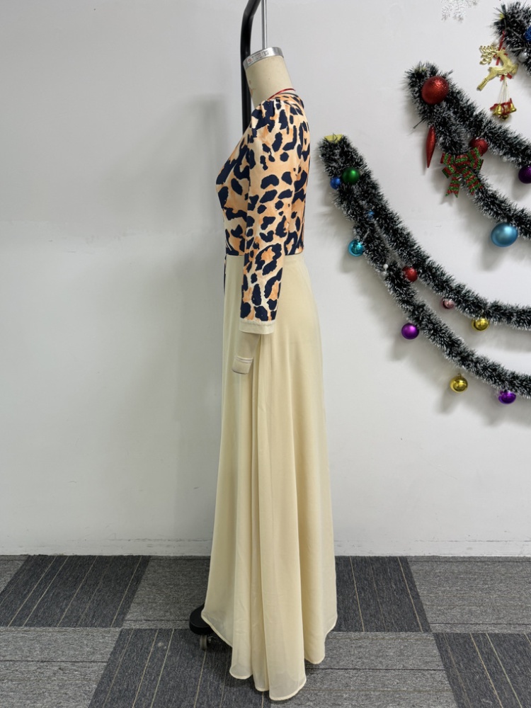 Skirt hem leopard pinched waist splice commuting elegant dress