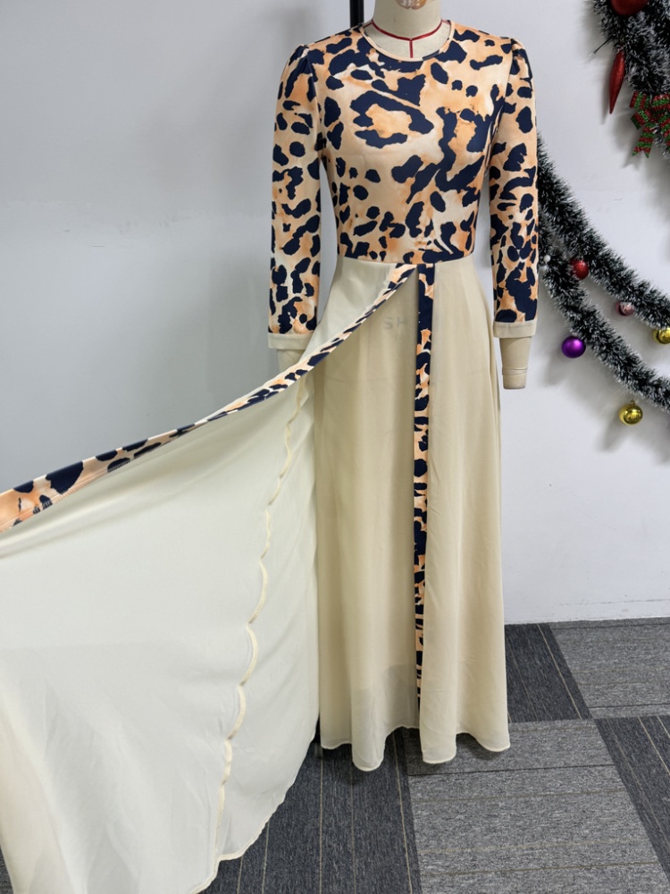 Skirt hem leopard pinched waist splice commuting elegant dress
