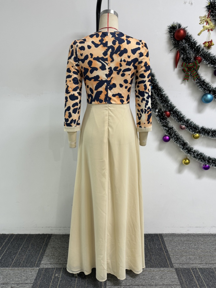 Skirt hem leopard pinched waist splice commuting elegant dress