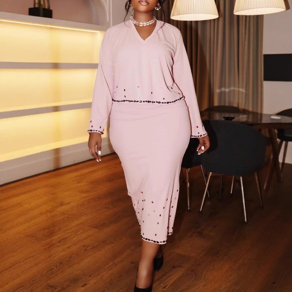 After the split package hip elegant V-neck skirt 2pcs set