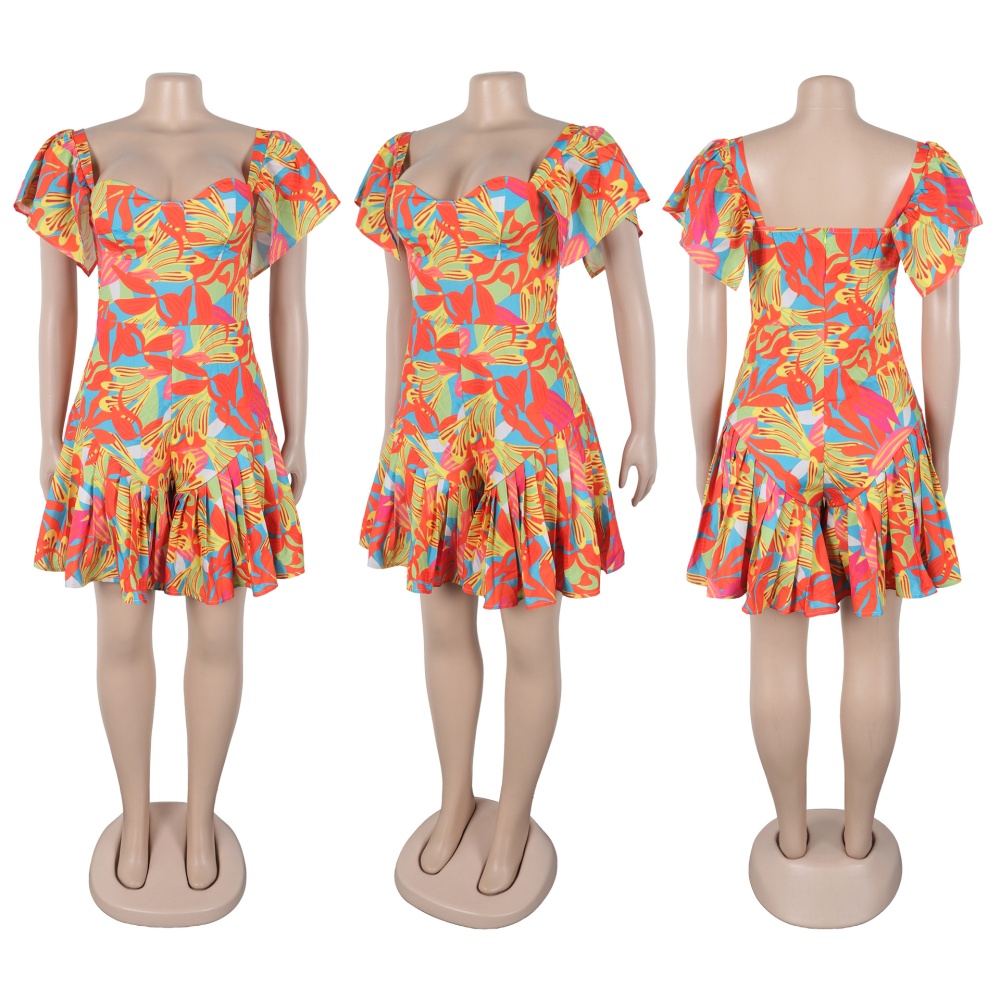 Elegant crimp boats sleeve printing pinched waist jumpsuit