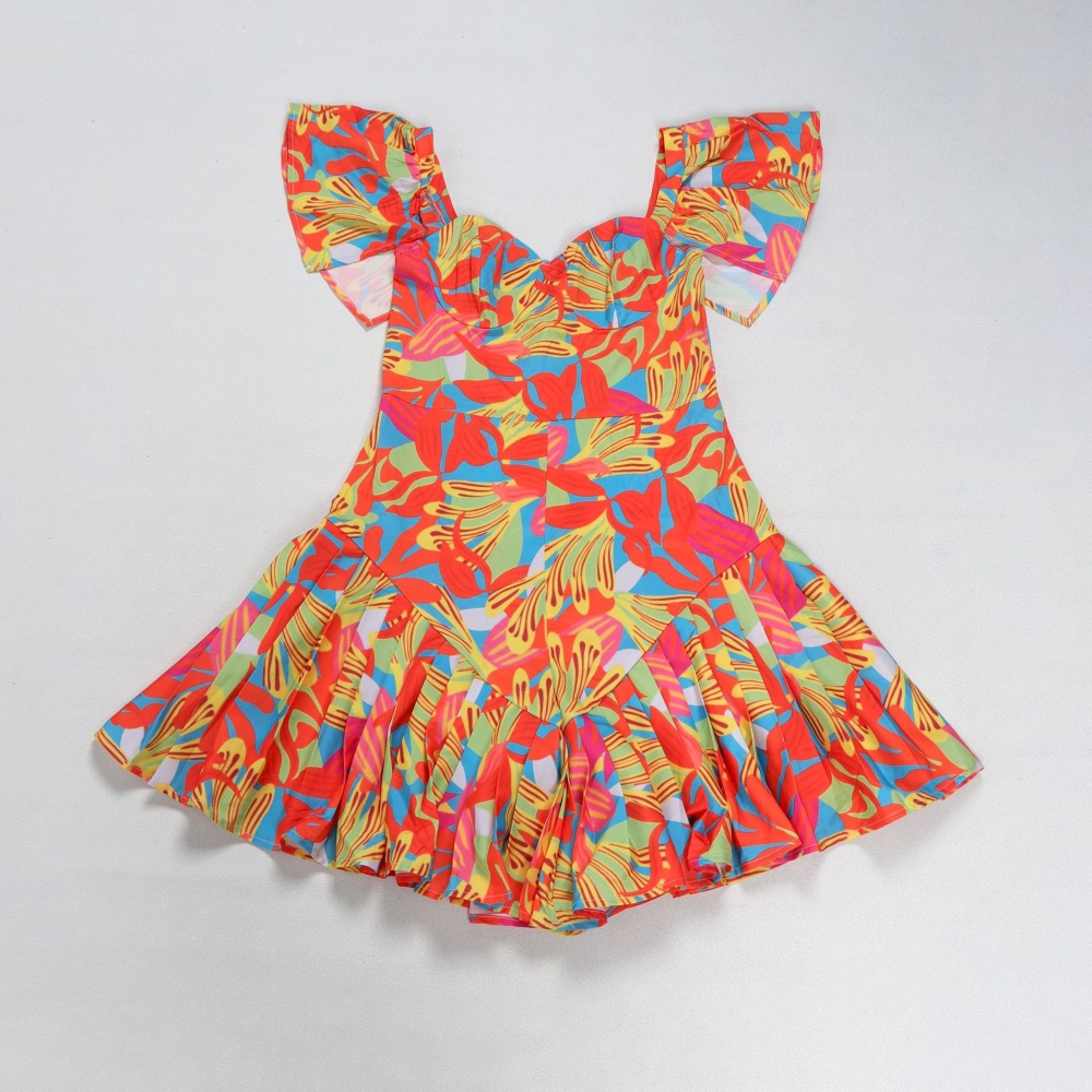 Elegant crimp boats sleeve printing pinched waist jumpsuit