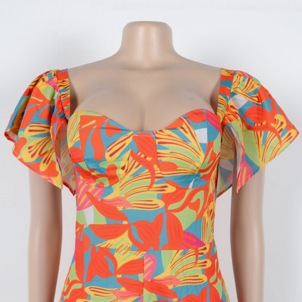 Elegant crimp boats sleeve printing pinched waist jumpsuit
