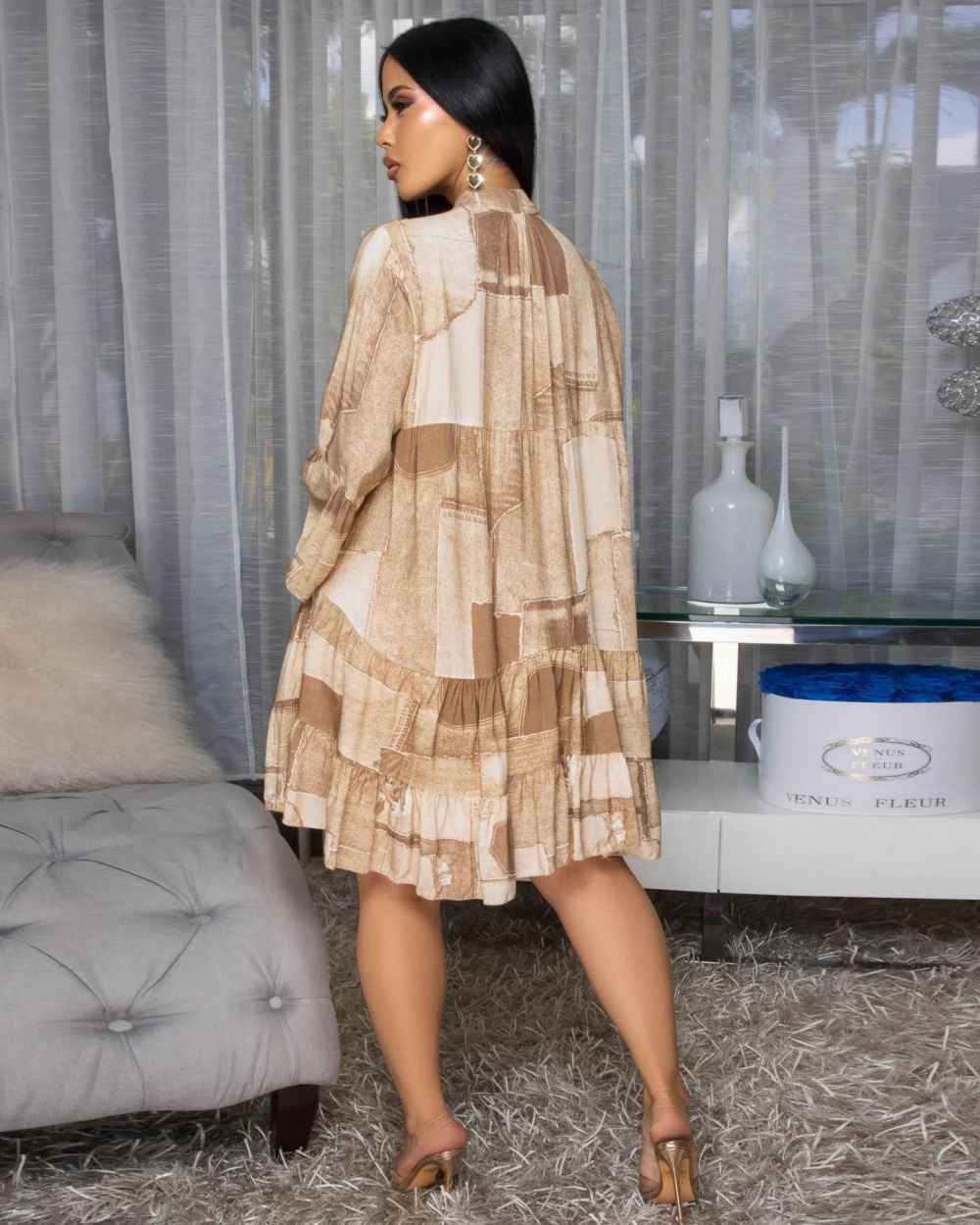 V-neck mixed colors short splice printing flowers loose dress