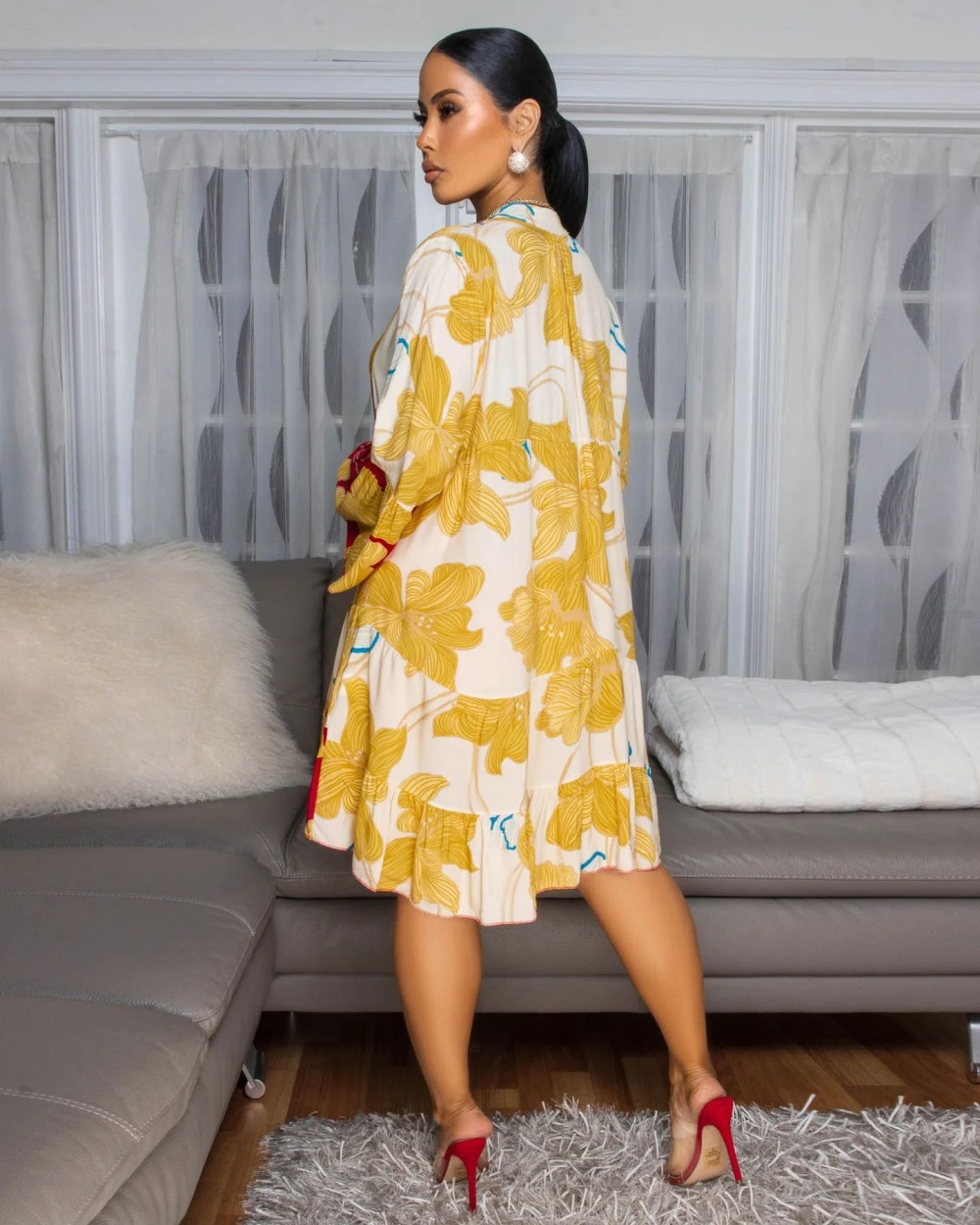 V-neck mixed colors short splice printing flowers loose dress