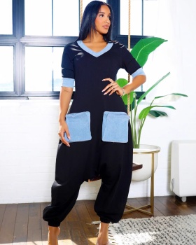 Splice V-neck elasticity mixed colors denim jumpsuit
