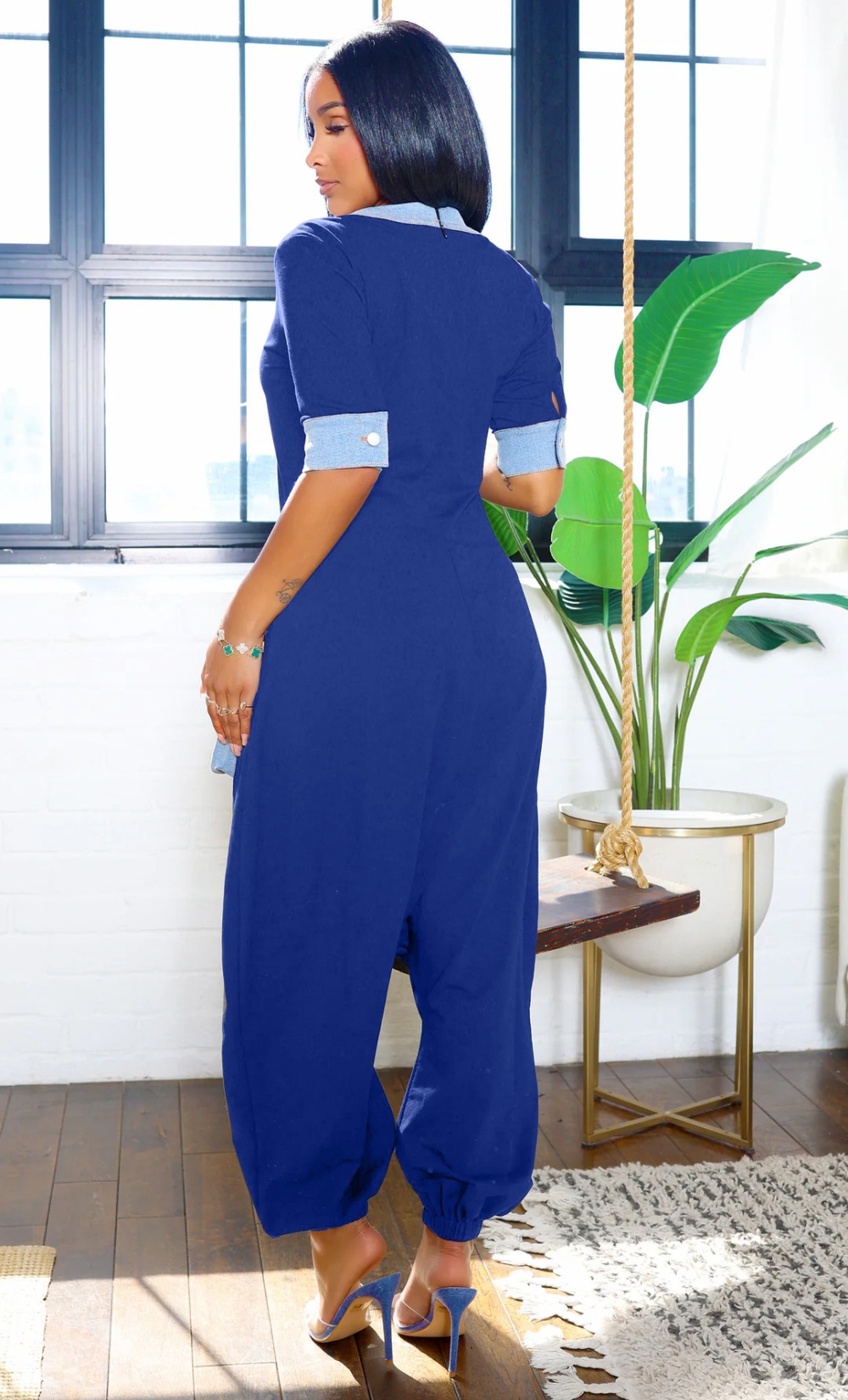 Splice V-neck elasticity mixed colors denim jumpsuit