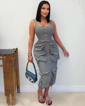 Elegant Casual work clothing large pockets dress