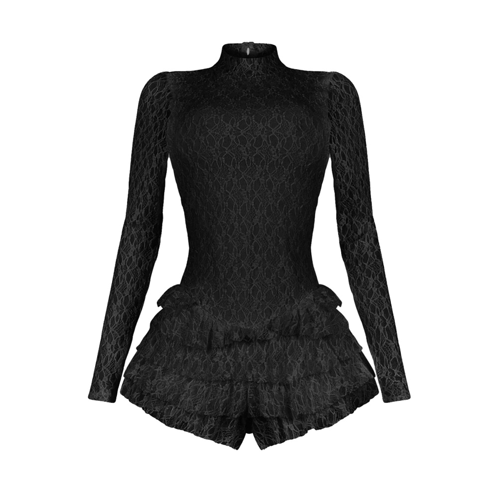 Long sleeve lace jumpsuit wood ear shorts for women