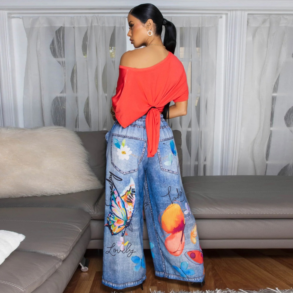 European style Casual printing wide leg pants