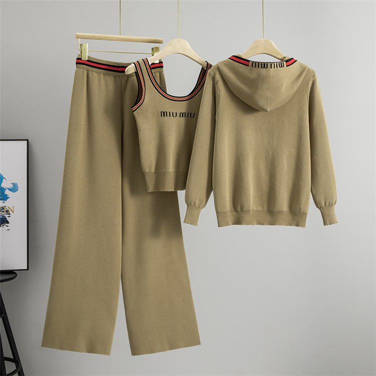 Knitted vest fashion wide leg pants 3pcs set