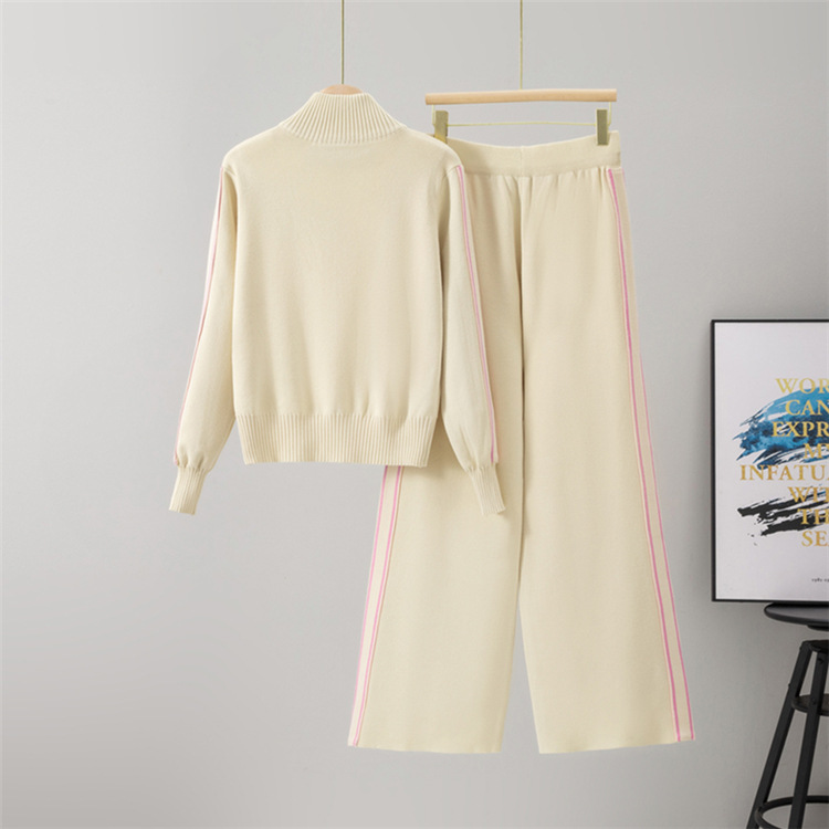 Zip sweater autumn and winter wide leg pants 2pcs set for women