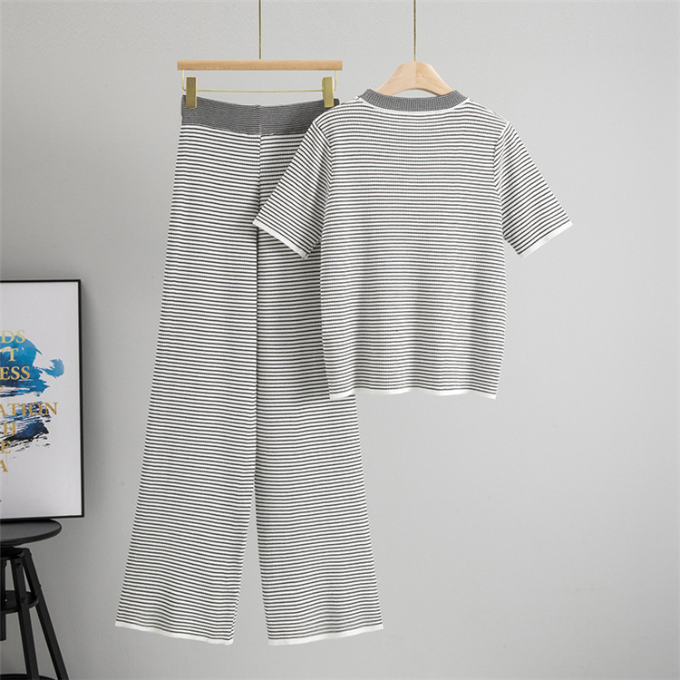Slim tops knitted wide leg pants 2pcs set for women