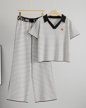Loose tops stripe wide leg pants 2pcs set for women