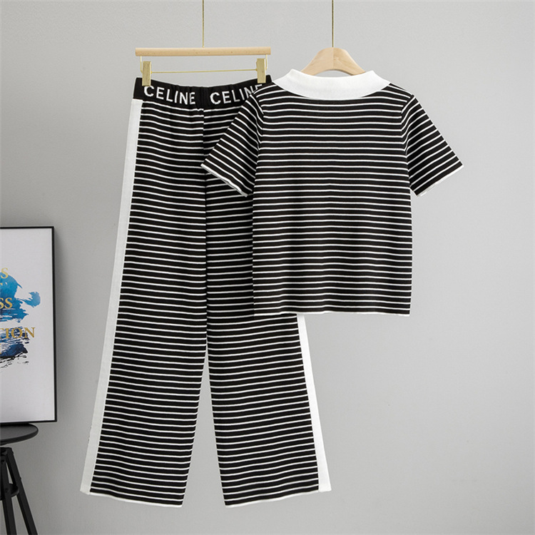 Loose tops stripe wide leg pants 2pcs set for women