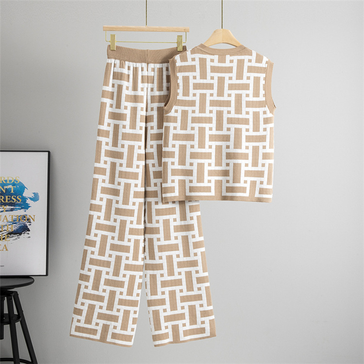 Wide leg European style long pants summer sweater a set