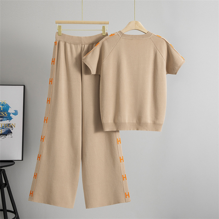 Casual European style tops knitted long pants 2pcs set