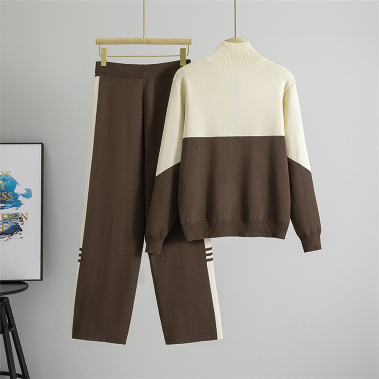Zip wide leg pants Casual sweater 2pcs set for women