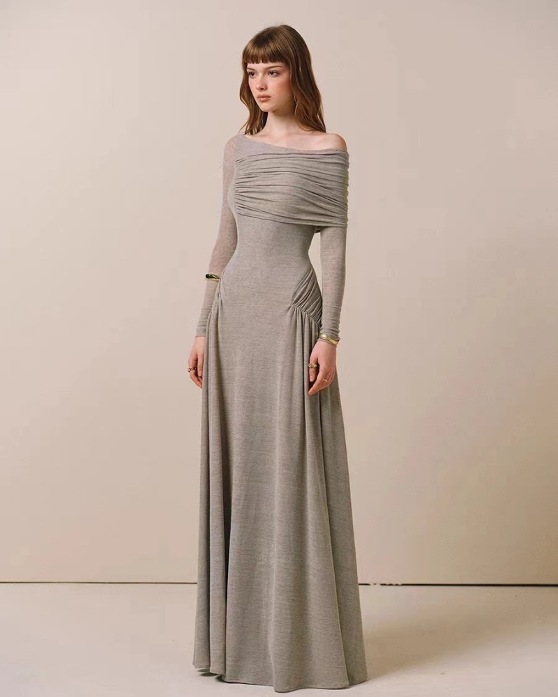 Spring strapless simple long dress fold elegant dress