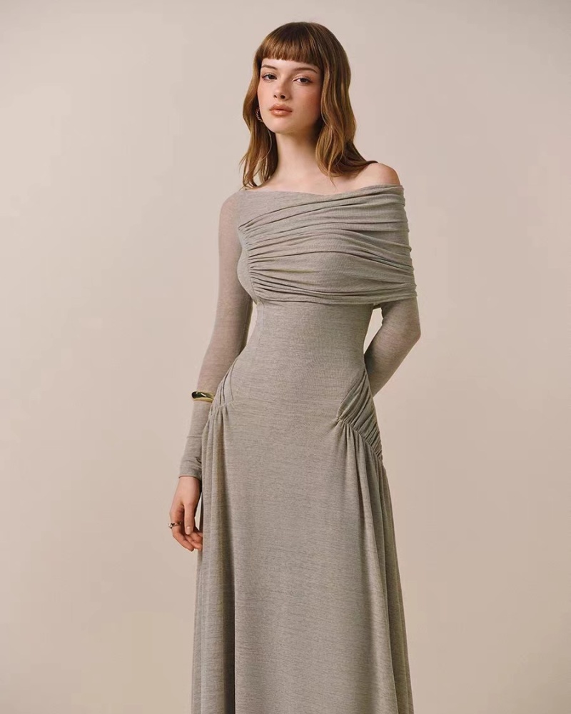 Spring strapless simple long dress fold elegant dress