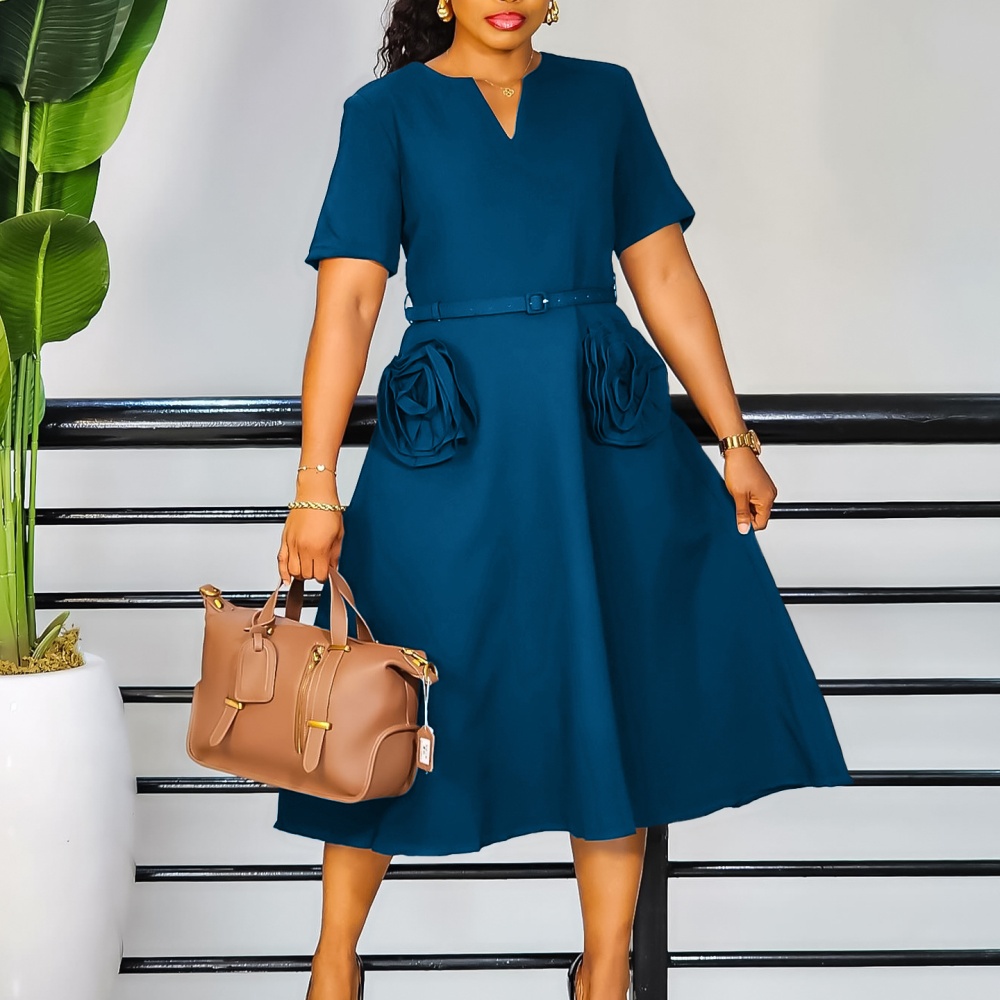 Stereoscopic pinched waist V-neck A-line dress for women