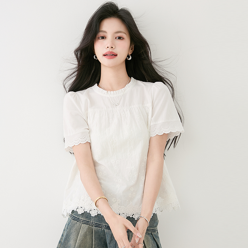 Short sleeve splice France style shirt white lace tops