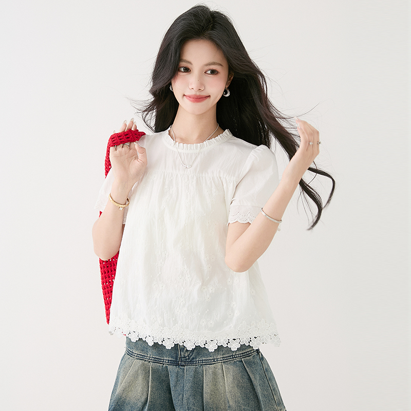 Short sleeve splice France style shirt white lace tops