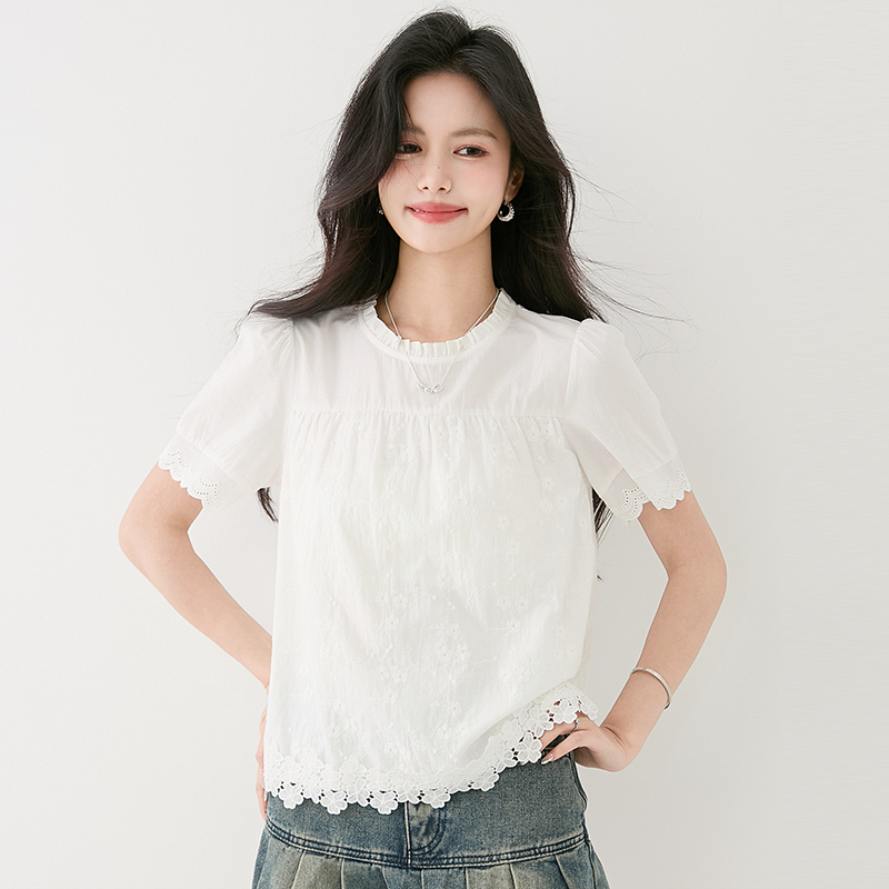 Short sleeve splice France style shirt white lace tops