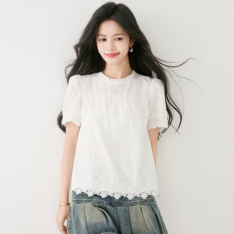 Short sleeve splice France style shirt white lace tops