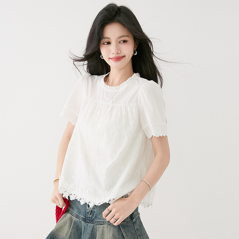 Short sleeve splice France style shirt white lace tops