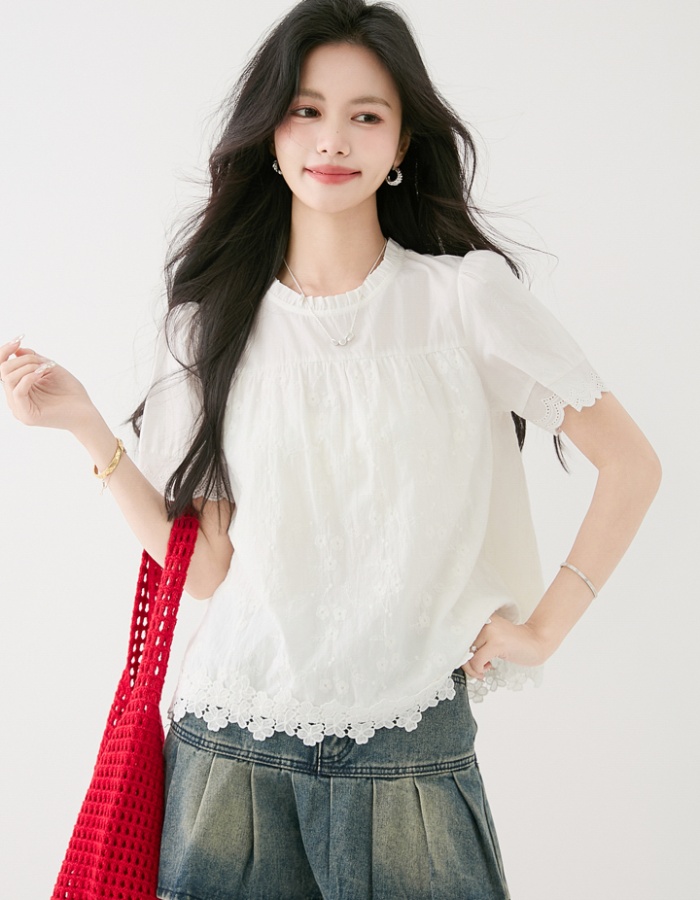 Short sleeve splice France style shirt white lace tops